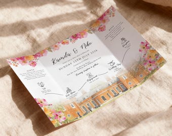 Orange & Pink Wedding Invitations, Bright Floral Venue Illustration Gatefold Invites, Custom Watercolour, Hot Fuchsia
