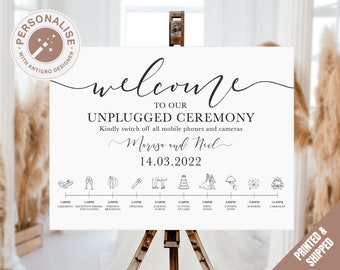 Unplugged Ceremony Sign with Timeline, Personalised Wedding Order of the Day, Wedding Itinerary Sign, Welcome Sign, Chart, Large Printed