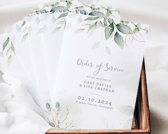 Gold Leaf Wedding Order of Service, Eucalyptus Order Of Service, Wedding Booklet, Wedding Programme, Church Service, Foliage, Printed