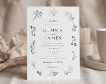 Greenery Wedding Invitation, Botanical Wedding Invite, Elegant Foliage