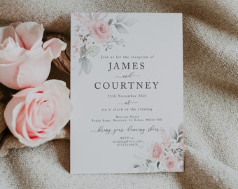 Pale Blush Pink Wedding Invitation, Rose Floral Wedding Invitations, Boho Wedding Invites, Evening Invitation, Reception Invite