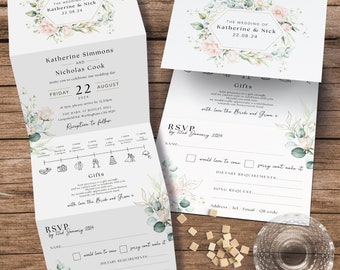 Floral Foliage Wedding Invitation, All in One Wedding Invitations with Timeline, Blush Flowers, Eucalyptus Concertina Invites