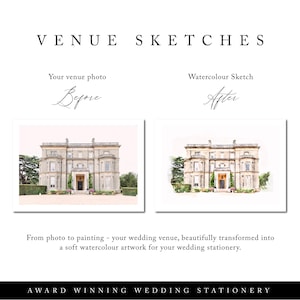 May include: A promotional image for wedding stationery featuring a before-and-after comparison of a venue photo and a watercolor sketch. The text reads "VENUE SKETCHES" and "AWARD WINNING WEDDING STATIONERY". The watercolor sketch is a softer, artistic rendering.