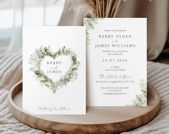Foliage Gypsophila Heart Wedding Invitation, Botanical Wedding Invite, Rustic Greenery Suite