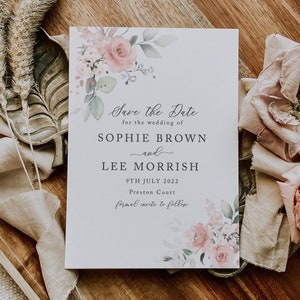 Blush Rose Save the Date, Rosa Hochzeit, Blumenhochzeitseinladung, Postkarte