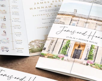 Aangepaste locatie aquarel bruiloft gatefold uitnodiging, buikband optie, illustratieschets