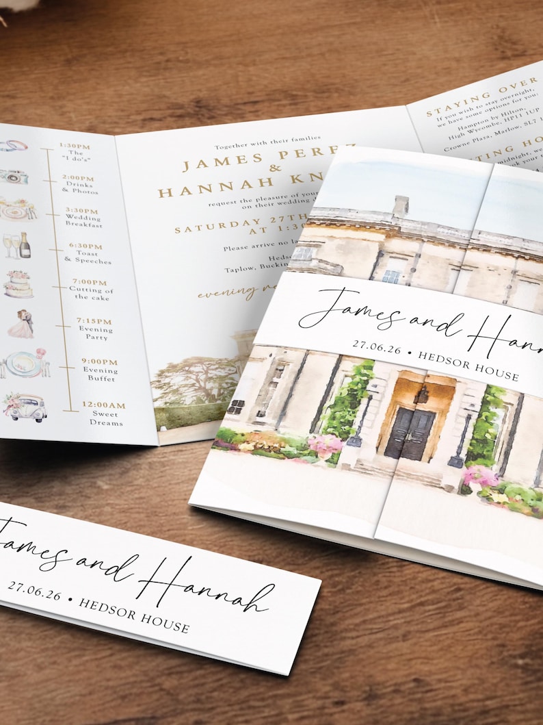Custom Wedding Gatefold Invitation, Venue Watercolour Style, Personalised Invite, Optional Belly Band, A5 or 5x7, Custom Venue Illustration