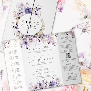 Convite de casamento floral lilás, papelaria elegante de casamento roxa, convites de casamento personalizados com flores, design de cartão de casamento rústico boho