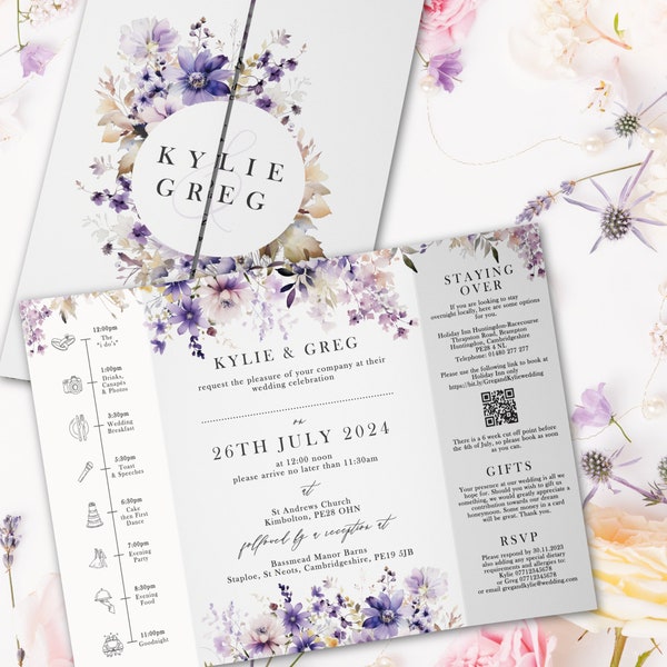 Purple Floral Wedding Invitation, Gatefold Wedding Invitations, Lavender Folded Wedding Invite, Timeline QR code, Evening Wedding Invites