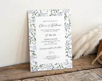 Dusty Blue Floral Wedding Invitations, Botanical Garden Stationery, Elegant Printed Invites