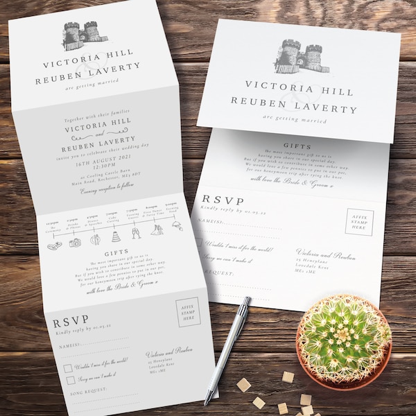 Venue Sketch Wedding Invitation, Venue Illustration Wedding Invites, Simple Wedding invitations, Elegant Wedding Invite, with timeline