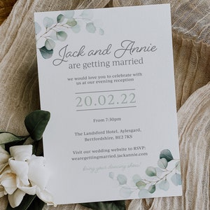 Eukalyptuslaub Hochzeitseinladung, Salbei Wash Hochzeitseinladungen, Abend Hochzeit lädt ein, Empfang Hochzeit einladen, mit Umschlägen