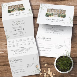 Venue Watercolor Wedding Invitation, Wedding Invitations with Venue Painting, Venue Drawing Invites with timeline and rsvp, Illustration