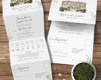 Venue Watercolor Wedding Invitation, Wedding Invitations with Venue Painting, Venue Drawing Invites with timeline and rsvp, Illustration