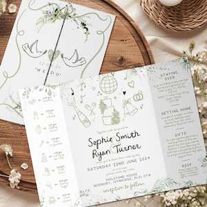 Handgezeichnete Sage Hochzeitseinladungen, Scribble Hochzeitseinladung, Einzigartige Hochzeitseinladungen, personalisierte Hochzeitseinladungen