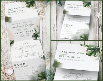 Tropical Wedding Invitations, Destination Wedding Invitation, Abroad Wedding Invite, Foliage Wedding Invites