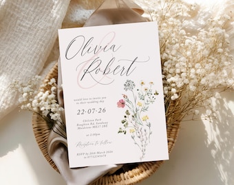 Wildflower Wedding Invitation | Elegant Script Floral Invite | Romantic Botanical Wedding Stationery | Personalised Modern Suite