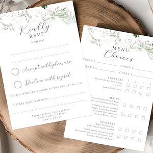 会場の絵画 結婚式のRSVPカード、結婚式の返信カード、返信カード、RSVPカード、ゲストの返信、メニュー選択カード、ユーカリ、葉