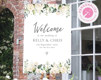 Greenery Wedding Welcome Sign, Ivory Floral Welcome Wedding Signs, Large Printed