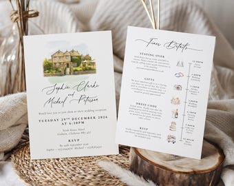 Wedding Invitation Suite, Personalised Venue Illustration Wedding Invitations, Luxury Wedding Stationery, Rustic Wedding Invite