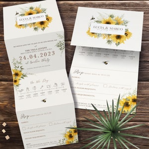 Sunflower Wedding Invitation, Sunflower and Bee Folded Wedding Invitations, Rustic Sunflower, with Timeline and RSVP