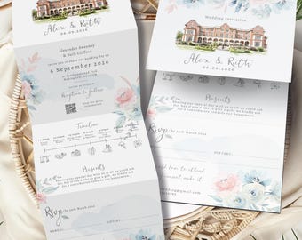 Venue Sketch Wedding Invitation, Pale Floral Custom Watercolour Illustration, Blush and Blue Romance