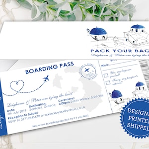 Convite de casamento em Santorini, convites para casamento na praia, convites para casamento em destino, ingressos para viagem de casamento no exterior, carteira de viagem de casamento