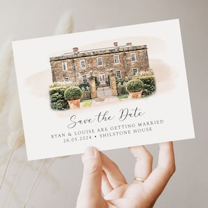 May include: Save the Date card with a watercolor illustration of a stone house with a gated entrance. The text reads "Save the Date" with the names "Ryan & Louise" and the date "28.05.2024". The location is listed as "Shilstone House".