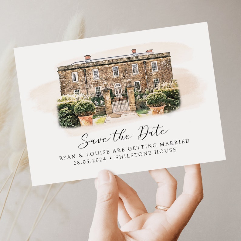 May include: Save the Date card with a watercolor illustration of a stone house with a gated entrance. The text reads "Save the Date" with the names "Ryan & Louise" and the date "28.05.2024". The location is listed as "Shilstone House".