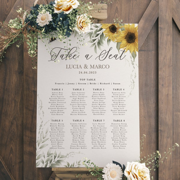 Sunflower Seating Chart, Sunflower Wedding Table Plan, Yellow Floral Table Plan Wedding, Welcome Sign, Large Size, Printed