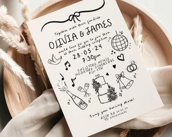 May include: A cream-colored wedding invitation with black handwritten text and illustrations. The invitation includes the names Olivia & James, the date, time, and location of the wedding reception, and decorative elements like a disco ball and wedding rings.