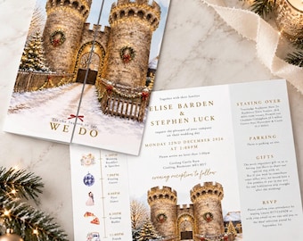 Personalised Christmas Wedding Invitation | Your Venue in a Winter Watercolour Scene | Gatefold Wedding Invite