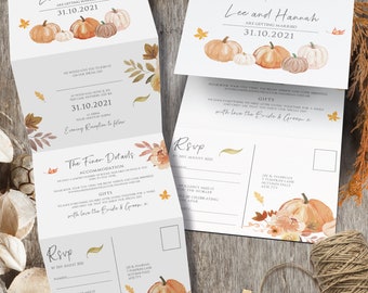 Autumn Wedding Invitations, Pumpkin Tri Fold Wedding Invitation, Concertina Halloween Invites, Folded Invite, Fall, Autumnal, Leafy, Rustic