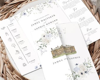 Dusty Blue Floral Gatefold Wedding Invitation | Watercolour Venue Sketch Stationery