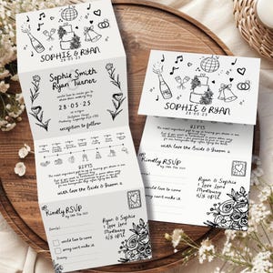 Einzigartige, handgezeichnete Hochzeitseinladungen, Doodle-Hochzeitseinladungen, Tri-Fold-Hochzeitseinladung mit Antwort