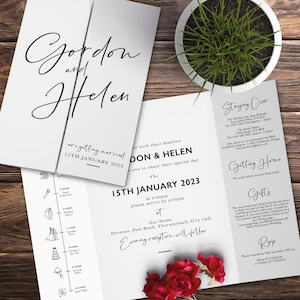 Schwarz weiße Hochzeitseinladungen, Minimalistische Hochzeit lädt ein, Einfache Hochzeitseinladung, Timeline Hochzeitseinladung, QR Code, Elegant