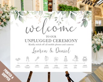 Gold Leaf Unplugged Wedding Sign, Welcome Wedding Timeline Sign, Order of the day Sign, Wedding Order Of Events, Greenery and Foliage