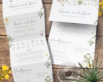 Wildflower Wedding Invitation, Wild flower All in One Wedding Invitations, Floral Wedding Invites, Greenery Wedding Invite Set, Tri Fold