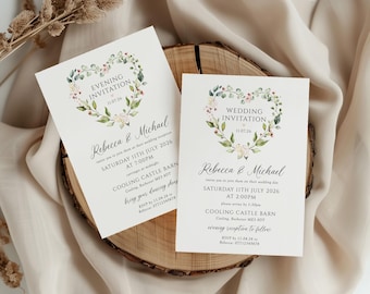 Floral Heart Wedding Invitation, Greenery Wedding Invite, Single Sheet Reception Invites, Day or Evening