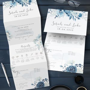 Mondschein-Blau All in One Hochzeitseinladung, Marineblaue Blumenhochzeitseinladung, Tri Fold Hochzeitseinladung, Hochzeit lädt ein Gefaltet mit Antwortkarten