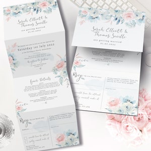 Faire-part de mariage floral bleu, faire-part de mariage rose rose, faire-part plié bleu poudré, concertina rose cendré, faire-part de mariage bleu layette trois volets