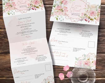 Blush Rose Wedding Invitation, Floral Pink Wedding Invitations, Rose Gold Wedding Invites, Dusty Pink Wedding Invite, RSVP