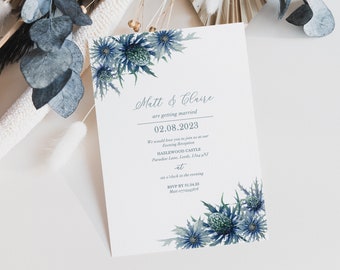 Navy Blue Thistle Wedding Invitation, Dusty Blue Wedding Invitations, Floral Evening Reception Invites, Wedding Reception Invite