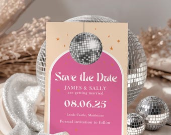 Disco Ball Save the Date Card, Wedding Party Save the Dates, Bright Event Announcement Cards