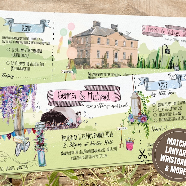 Summer Wedding Festival Invites, Garden Party Wedding Festival Invitation, Personalised Venue Sketch