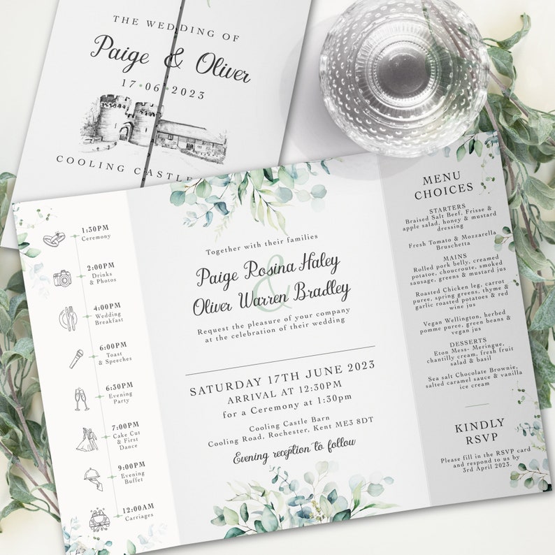 Eucalyptus Wedding Invitations, Venue Sketch Wedding Invites, Venue Drawing, Unique Wedding Invitation, Foliage Wedding Invite with Timeline image 9