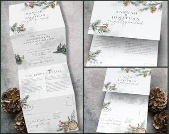 Rustic Winter Wedding Invitation, Rustic Wedding Invitations, Christmas Wedding Invites, Greenery Wedding Invite Set, Pine Cone