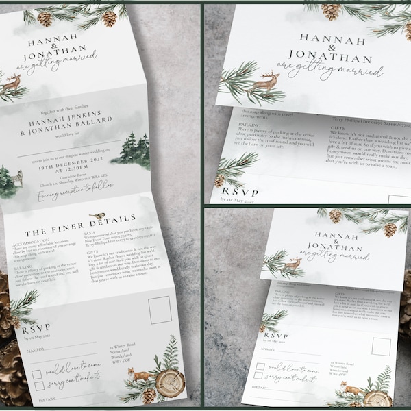 Rustic Winter Wedding Invitation, Rustic Wedding Invitations, Christmas Wedding Invites, Greenery Wedding Invite Set, Pine Cone