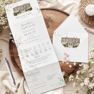 Venue Sketch Wedding Invitations, Wedding Invites with Venue Painting, Venue Illustration Design With Timeline And RSVP