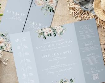 Dusty Blue Wedding Invitation Gatefold | Elegant Ivory Floral Design | Luxury Printed Wedding Stationery